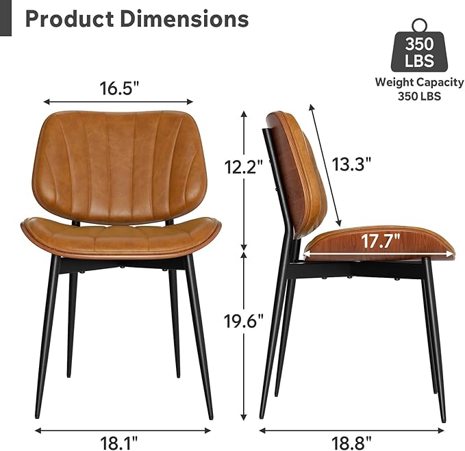 Dining Chairs Set of 4, Mid Century Modern Dining Room Chairs, Upholstered Faux Leather Kitchen Chairs with Walnut Bentwood Back and Metal Legs, Brown