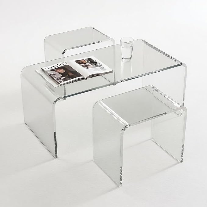 Acrylic Coffee Table and Stool Set of 2. with 34" Modern Minimalist Rectangular Table + 15" Multi-Use Clear Stool, Rest Stool, Shower Seat w/Rounded Edges (Stool:15.7"x10.6"x14.1")