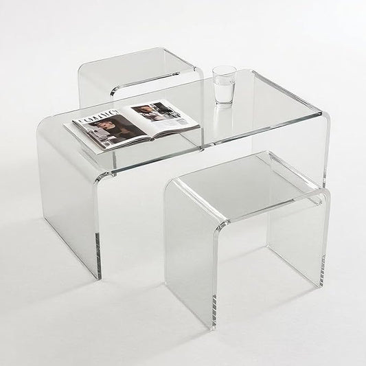 Acrylic Coffee Table and Stool Set of 2. with 34" Modern Minimalist Rectangular Table + 15" Multi-Use Clear Stool, Rest Stool, Shower Seat w/Rounded Edges (Stool:15.7"x10.6"x14.1")