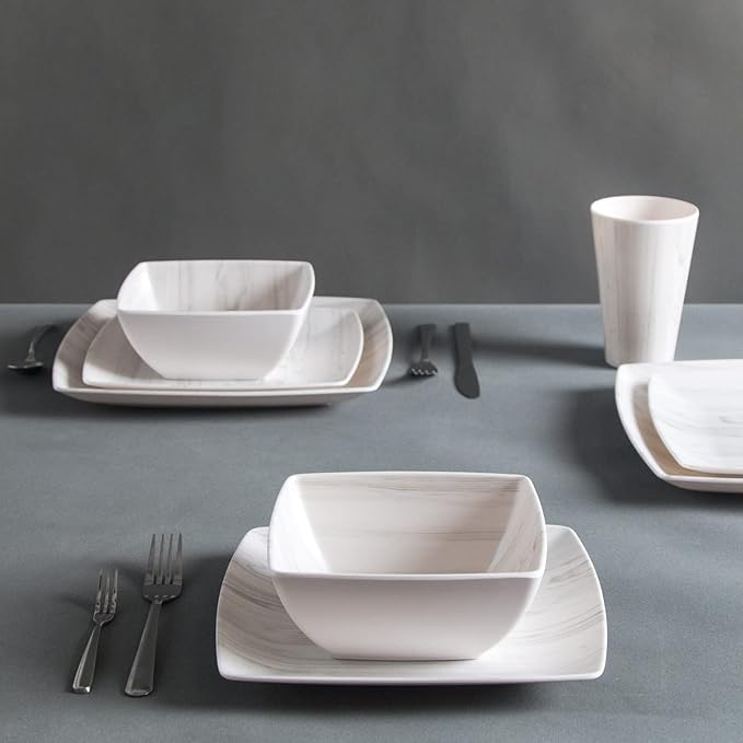 Melamine Dinnerware Set 16Pcs Wood-looking - Dish Dishware Square Mugs Tumbler Wood Grain Woodland Plastic Outdoor Plates Bowls Durable Service for 4