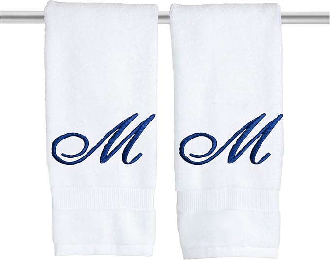 White Monogrammed Hand Towels for Bathroom - Luxury Hotel Quality Personalized Initial Embroidered Towel for Powder Room, Spa - GOTS Organic Certified - Set of 2 Navy Letter M