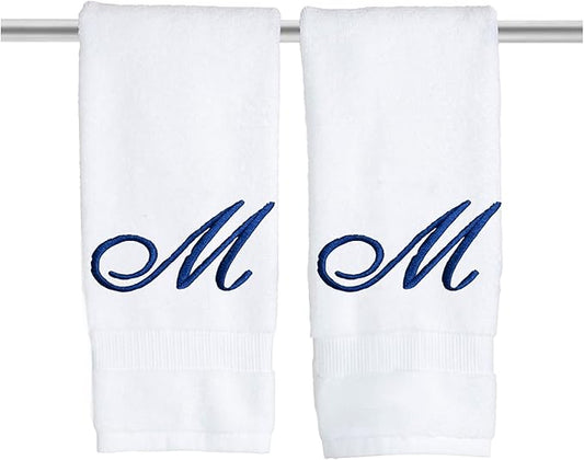 White Monogrammed Hand Towels for Bathroom - Luxury Hotel Quality Personalized Initial Embroidered Towel for Powder Room, Spa - GOTS Organic Certified - Set of 2 Navy Letter M