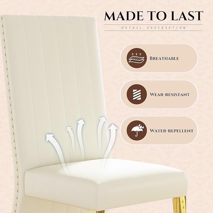 White and Gold Dining Chairs Set of 2, Glam White Leather Dining Chair with Nailhead Trims, High Back Dining Room Chairs