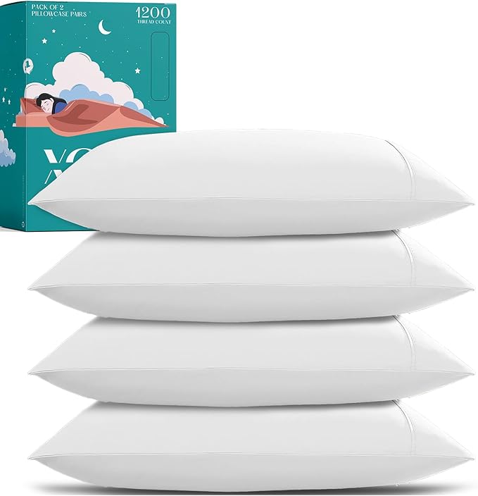 XOOX Linen 100% Egyptian Cotton Pillow Cases King Size Set of 4 - Luxury 1200 Thread Count Sateen White Pillow Covers, Soft & Breathable 5 Star Hotel-Quality Pillowcases, Fits King Size Pillows