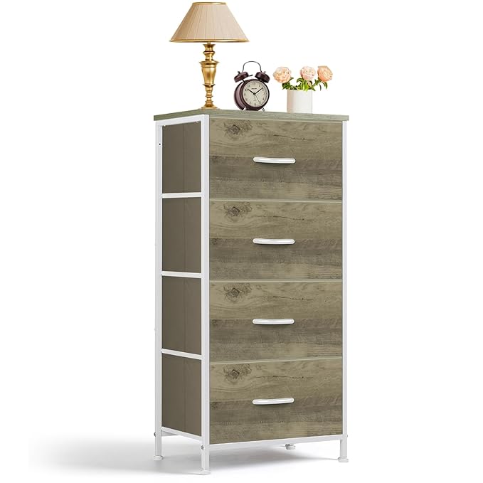 Nightstand, 4 Drawer Dresser End Table Bedside Furniture with Wooden Top Steel Frame Fabric Bins for Bedroom, Closet, Entryway, Dorm, Living Room, Greige Oak