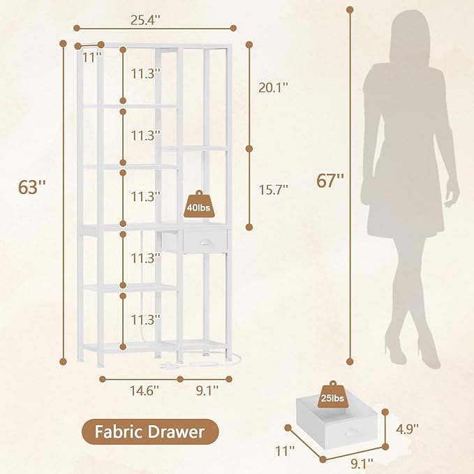 Furologee Bookshelf with USB Ports and Outlets, Shelf with Drawer, Mordern Display Shelves with Charging Station, 6 Tier Storage Shelves for Bedroom, Living Room, Home Office, White