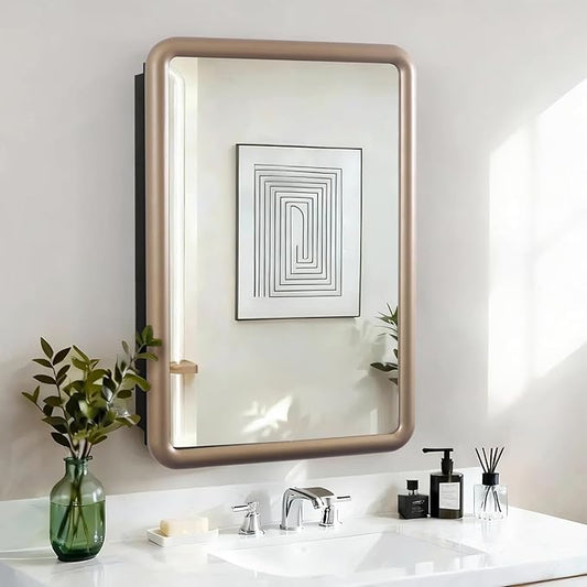 Bathroom Medicine Cabinet with Gold Wood Framed Mirror, Recessed or Wall Mount Bathroom Vanity with Storage Shelves 17.5x26 inch