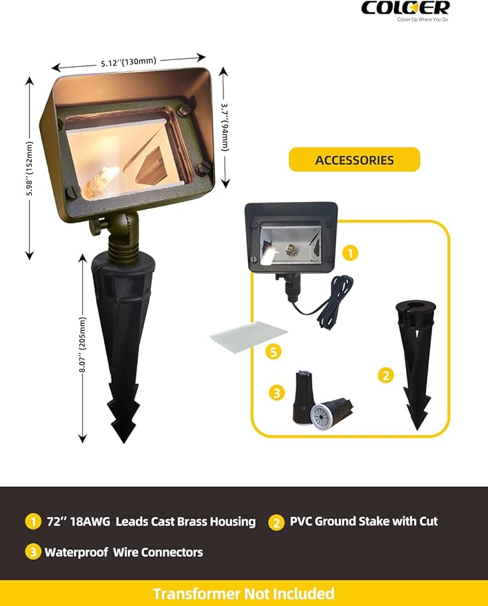 COLOER Brass Rectangular Flood Lights 10-Pack Without Blub, 12V Low Voltage Landscape Floodlights for Outside, Outdoor Wall Lights Illuminating Signs, Walls and Plant Material