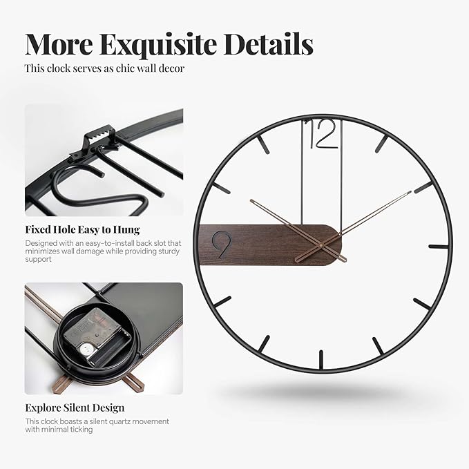 30 Inch Large Wall Clock, Modern Wood Metal Frame Silent Non Ticking Battery Operated Wall Clocks Decoration for Living Room, Bedroom, Kitchen, Minimalist Walnut Dial Arabic Numerals