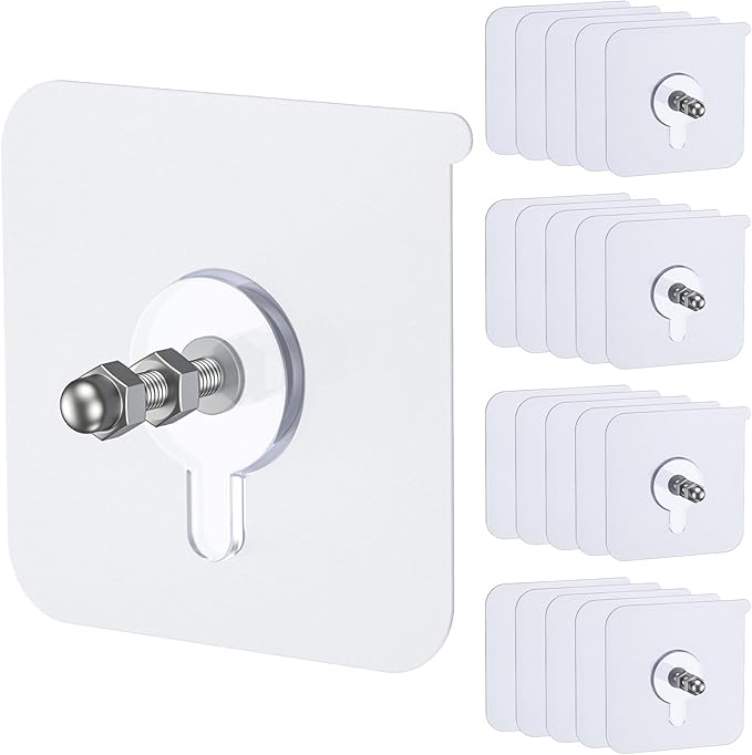 Uniclife 20 Pcs Self Adhesive Picture Hooks, 26.5 lbs Load Heavy Duty Picture Hangers Without Nails, 16 mm Adhesive Wall Hooks for Hanging, Transparent Waterproof Sticky Hook for Bathroom Kitchen