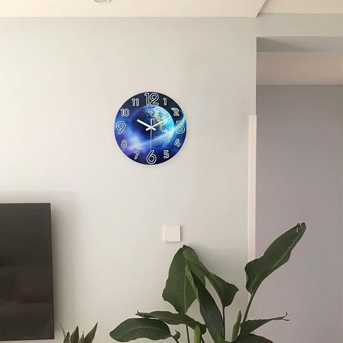 Blue Decorative Wall Clock for Living Room 16 Inch Round Analog Glow in The Dark Wall Clocks Battery Operated Quite Wall Clock Non Ticking