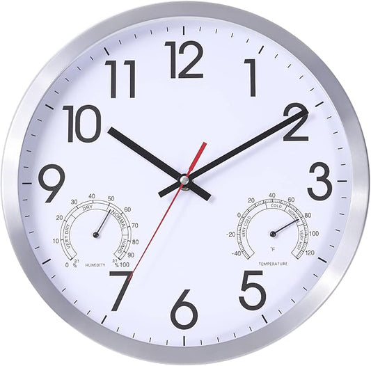 12 Inch Wall Clock with Temperature & Humidity, Aluminum Frame Wall Clocks, Sweep Silent Movement Accurate Clocks, Decorative for Kitchen Living Room Bedroom