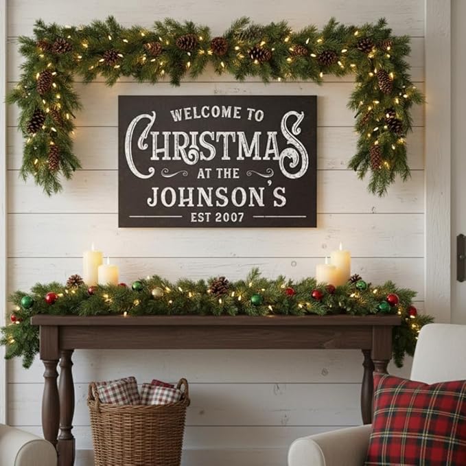 Milweb1 Personalized Family Name Welcome To Christmas/Rustic Vintage Farmhouse Holiday Decor Canvas Sign Holiday Decorations Wall Decor Print (32"x48")