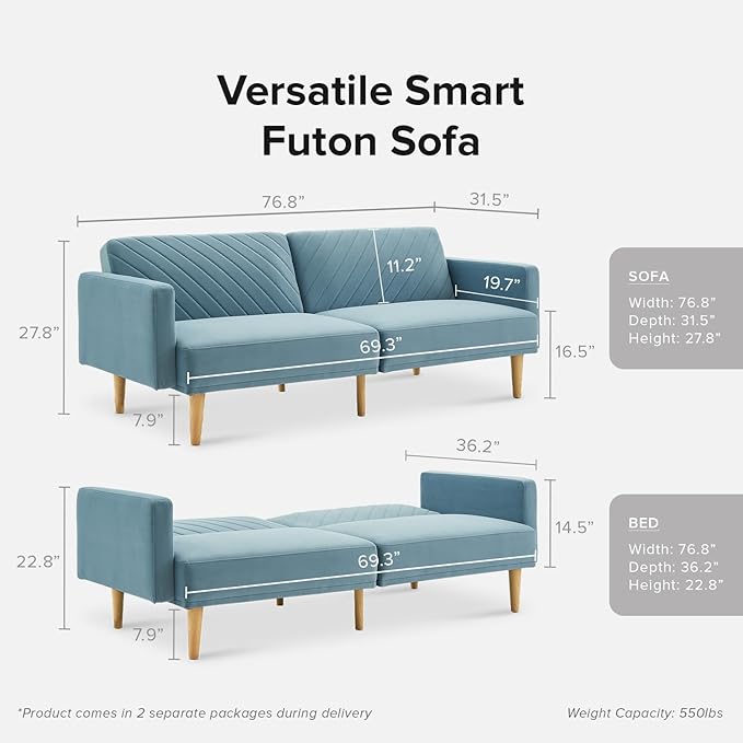 mopio 76.4" Futon Sofa Bed, Couch, Loveseat, Sleeper Sofa, Mid Century Modern Futon Couch, Sofa Cama, Couches for Living Room (Sky Blue Premium Velvet)
