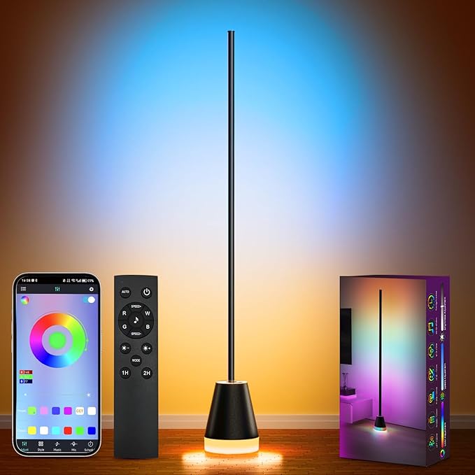 Keepsmile Smart RGB LED Corner Floor Lamp,172 LEDs Bright Standing Lamps for Living Room with APP and Remote,Modern Floor Lamp for Bedroom with Music Sync and 16 Million Colors, Ink Black