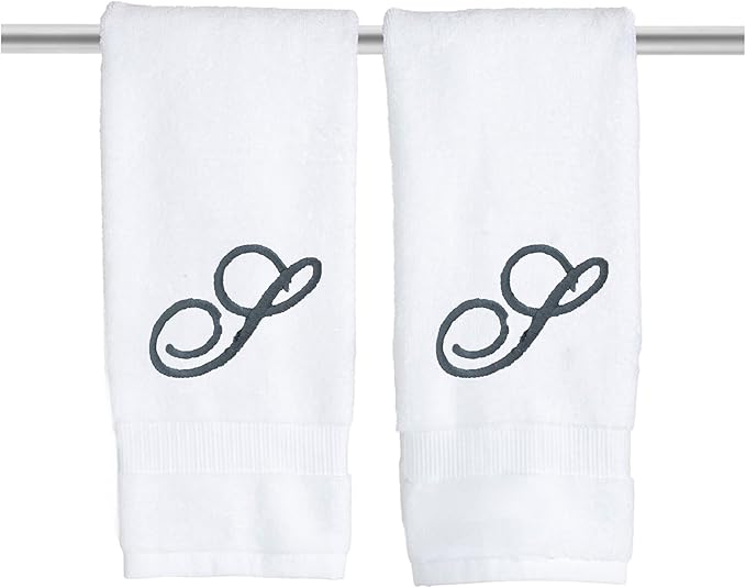 White Monogrammed Hand Towels for Bathroom - Luxury Hotel Quality Personalized Initial Embroidered Towel for Powder Room, Spa - GOTS Organic Certified - Pack of 2 Dark Gray, Letter S