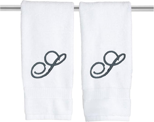 White Monogrammed Hand Towels for Bathroom - Luxury Hotel Quality Personalized Initial Embroidered Towel for Powder Room, Spa - GOTS Organic Certified - Pack of 2 Dark Gray, Letter S