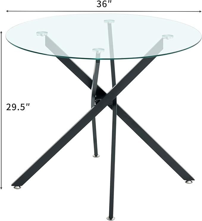 36" Round Glass Dining Room Table for 4 with Tempered Glass Top and Black Metal Legs, Modern Clear Kitchen and Dinner Table for Home Office Dining Room