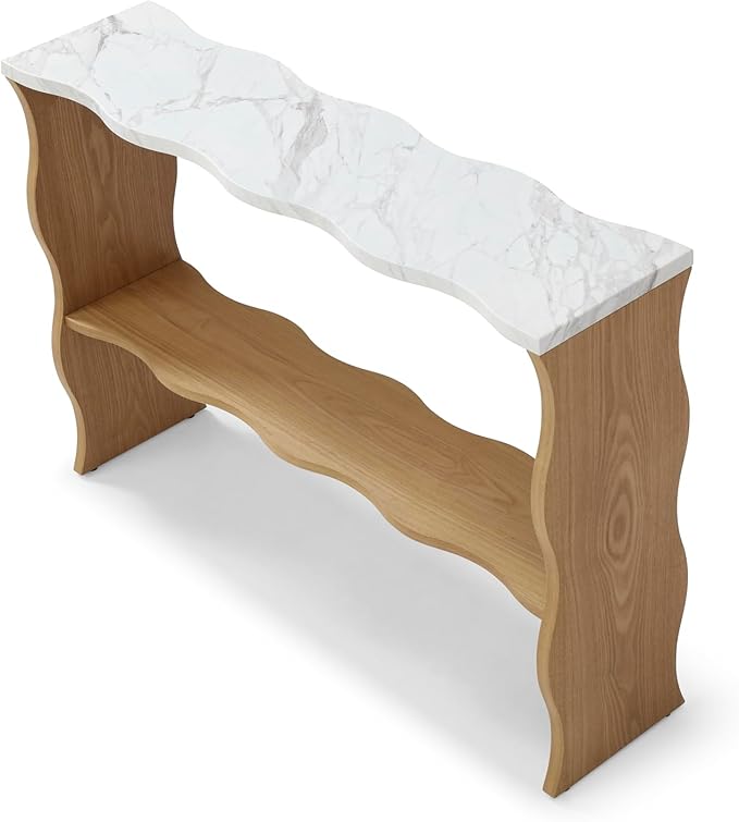 47-Inch Long Console Table, Marble Wooden Rectangular Sofa Table Behind The Couch, with Storage Shelf, Farmhouse Entryway Table for Entrance, Hallway, Living Room (Marble+Wood)