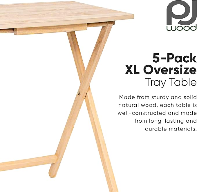 PJ Wood 5 Pack XL Oversize Tray Table for Living Room or Kitchen, Indoor TV Tray for Small Spaces and Family Gatherings, Natural Wood