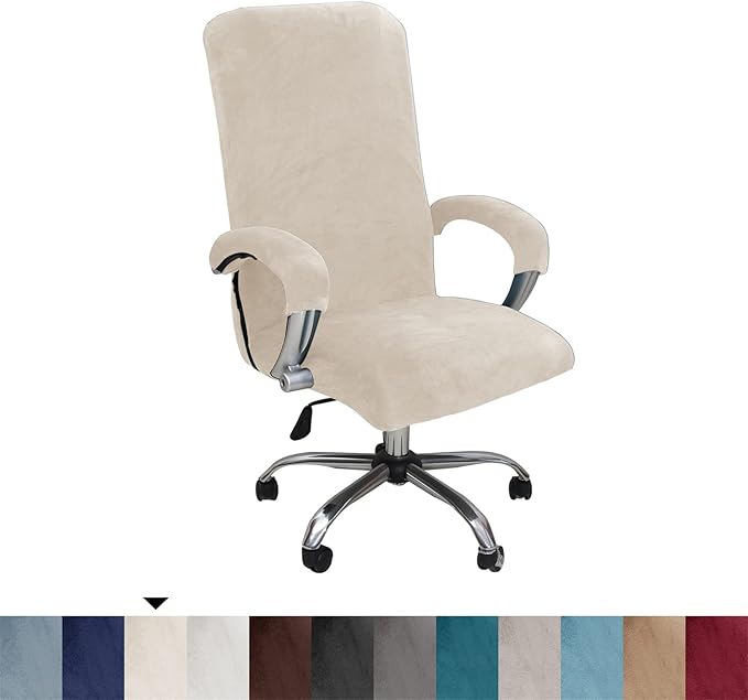 Velvet Plush Stretchable Office Desk Chair Cover Cat Proof with Wheels, Chair Seat Cover with Armrest Protector for Pets & Kids, Removable for Ergonomic Mesh Computer Rolling Chair, Beige, XL