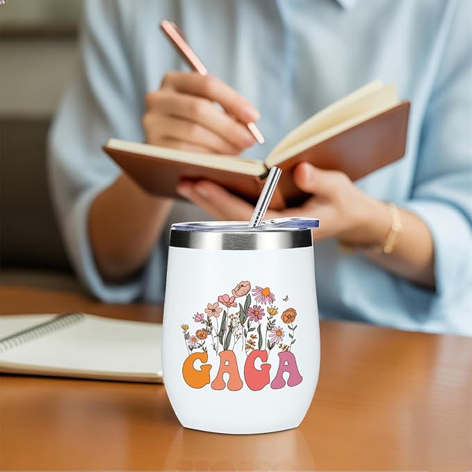 Gaga Grandma Birthday Gifts Wine Tumbler 12 oz Insulated Wine Glass Cup with Lid Straw Vacuum Insulated Travel Cup,Grandma Gifts from Granddaughter for Women Grandmother Christmas Mothers Day