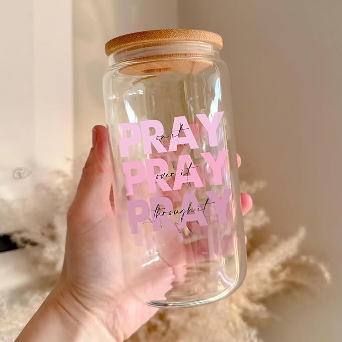 Pray It Pray Over It 16oz Prayer Glass Cup with Lid, Straw & Inspirational Quote for Christian Women & Cancer Care Gifts