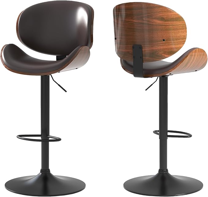 Adjustable Swivel Bar Stools Set of 2, Modern Bentwood Barstool with Large Metal Base and Footrest, PU Leather Upholstered Bar Chair with Curved Back for Kitchen Island Dining Room, Brown