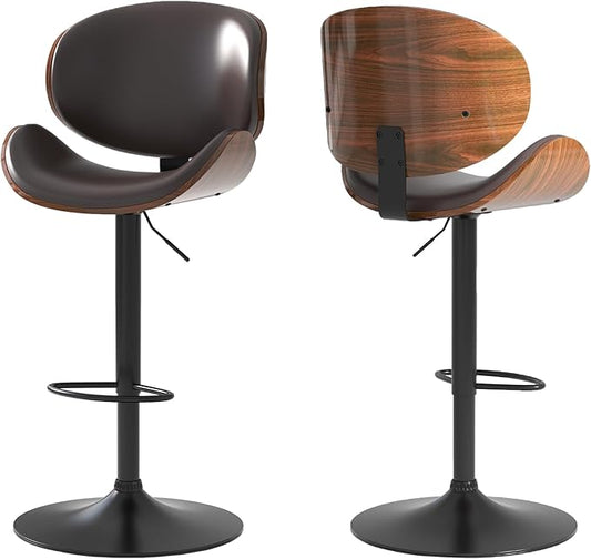 Adjustable Swivel Bar Stools Set of 2, Modern Bentwood Barstool with Large Metal Base and Footrest, PU Leather Upholstered Bar Chair with Curved Back for Kitchen Island Dining Room, Brown