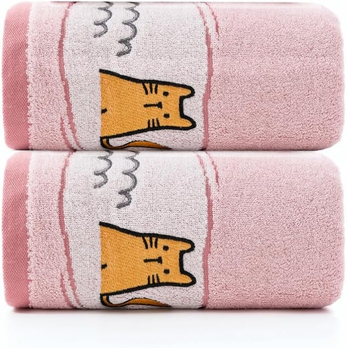 Ultra Soft Cotton Cat Bath Towel - Large 59x29 Meow Print & Cat Paw, Quick Dry Absorbent,for Shower, Beach, Pool & Travel.Pink 2-Piece.