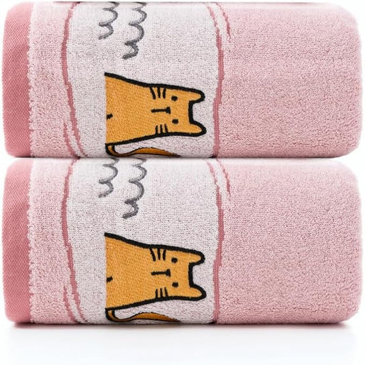 Ultra Soft Cotton Cat Bath Towel - Large 59x29 Meow Print & Cat Paw, Quick Dry Absorbent,for Shower, Beach, Pool & Travel.Pink 2-Piece.