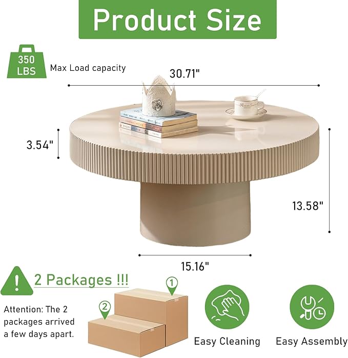 Round Coffee Table for Living Room, 30.71'' Modern Handcraft Drum Coffee Table Unique Fluted Coffee Tables Wood Center Table End Table for Small Space, Farmhouse Apartment Office (White Thin)