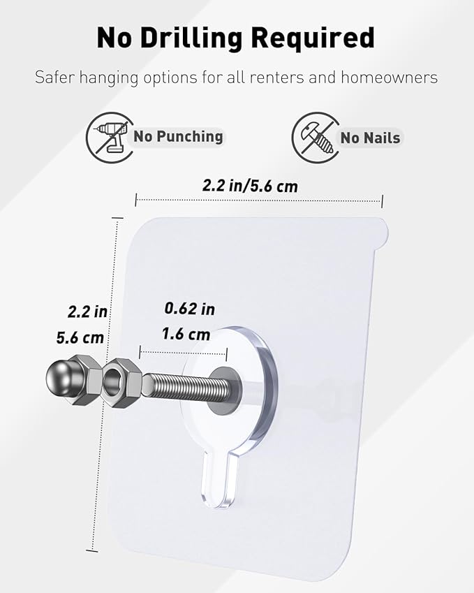 Uniclife 20 Pcs Self Adhesive Picture Hooks, 26.5 lbs Load Heavy Duty Picture Hangers Without Nails, 16 mm Adhesive Wall Hooks for Hanging, Transparent Waterproof Sticky Hook for Bathroom Kitchen