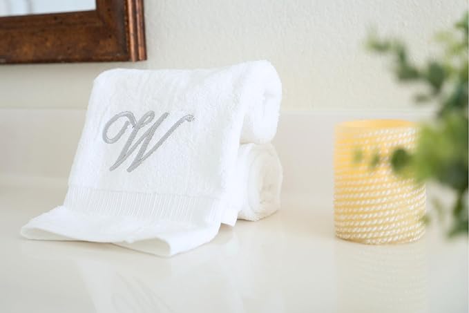 White Monogrammed Hand Towels for Bathroom - Luxury Hotel Quality Personalized Initial Embroidered Towel for Powder Room, Spa - GOTS Organic Certified - Set of 2 Silver Letter W