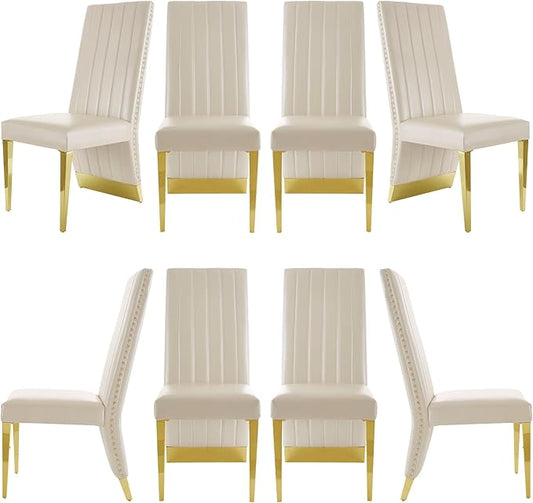 AUZ White Dining Chairs Set of 8, White Leather Upholstered Dining Room Chairs with Nailhead Trim, Luxury Dining Chairs with Polished Gold Metal Legs