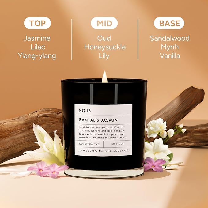 Santal & Jasmine Luxury Scented Candles, 9oz Soy Wax Candles for Home Scented, Jasmine, Sandalwood, Lilac Scent, Long Burning Time, Gifts for Women, Friends, Men, Sister, Teacher, Christmas