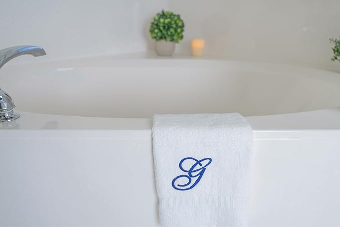 White Monogrammed Hand Towels for Bathroom - Luxury Hotel Quality Personalized Initial Embroidered Towel for Powder Room, Spa - GOTS Organic Certified - Set of 2 Navy Letter G