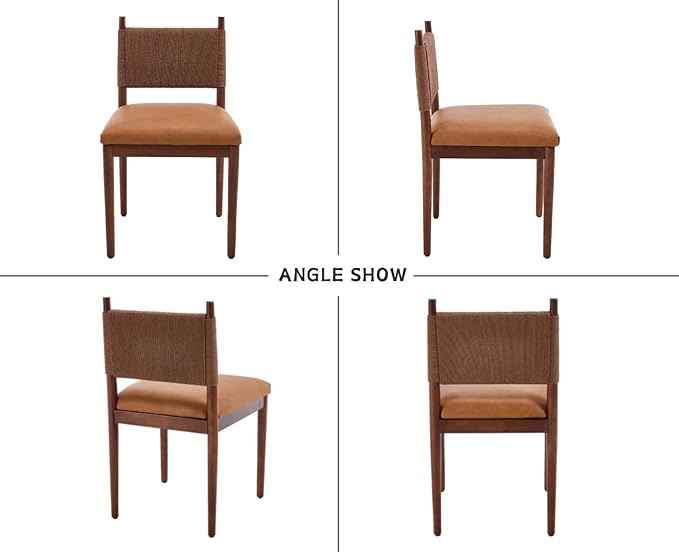 CIMOTA Brown Faux Leather Dining Chairs Set of 4, Mid Century Modern Upholstered Dining Room Chairs with Woven Back, Armless Kitchen Chairs with Walnut Solid Wood Legs, PU