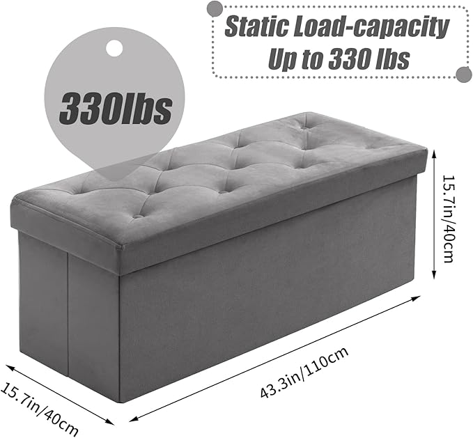 BRIAN & DANY 43 Inches Ottoman with Storage, Velvet Storage Ottoman Bench, End of Bed Benches, Folding Ottomans for Bedroom, Living Room and Entryway (Gray)