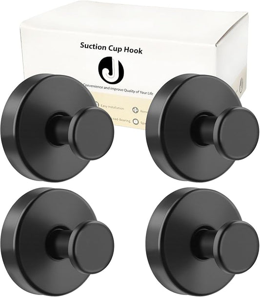 Suction Cup Hooks for Towels Robes, Heavy Duty Wreaths Hanger for Glass Door Bathroom Shower Hooks Stainless Steel, No Drill on Smooth Wall,Glass,Mirror, Tile for Swimsuit Washcloths (4, Black)