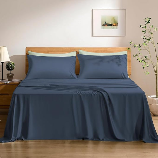 TOSMO Luxury Cooling Sheet Set - 100% Viscose from Bamboo, 4-Piece Bedding Set (Queen Size) - 18” Extra Deep Pockets, Oeko-Tex Certified, Silky Soft and Breathable, Slate