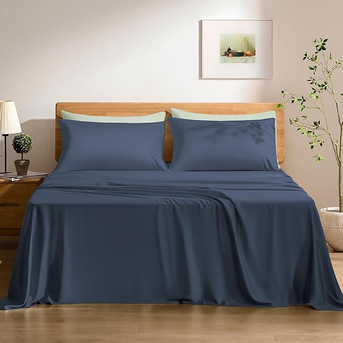 TOSMO Luxury Cooling Sheet Set - 100% Viscose from Bamboo, 4-Piece Bedding Set (King Size) - 18” Extra Deep Pockets, Oeko-Tex Certified, Silky Soft and Breathable, Slate