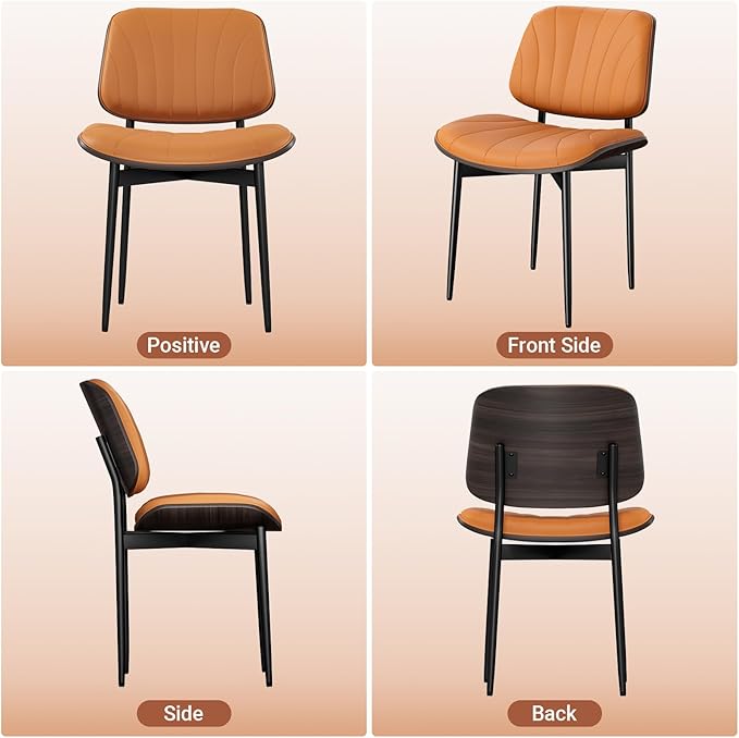 Dining Chairs Set of 8, Mid Century Modern Dining Room and Kitchen Chairs, Upholstered PU Leather Chairs with Walnut Bentwood and Metal Legs, Orange