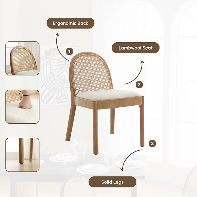 HEAH-YO Rattan Dining Chairs Set of 6, Upholstered Sherpa Dining Room Chairs with Backrests, Modern Kitchen Chairs with Wood Legs for Dining Room, White