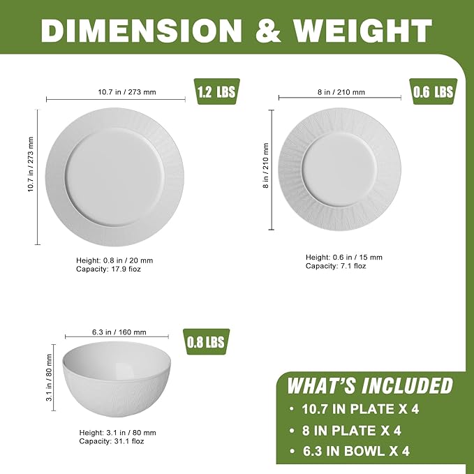 Yoshy Bone China Dinnerware with Lightweight Durable Chip Resistant Design Service for 4 (12 Piece - Service for 4, Streamsong)