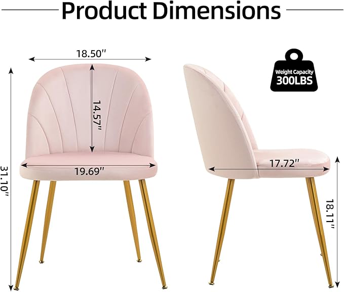 Velvet Dining Chairs Set of 2, Upholstered Mid Century Modern Dining Chairs, Armless Accent Chair with Metal Gold Legs for Living Room, Kitchen, Dining Room, Pink