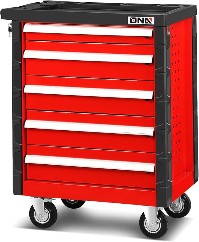 DNA MOTORING 5-Drawer Rolling Tools Chest, Rolling Tool Storage Cabinet, Mechanic Tool Cart, Trolley Organizer for Garage, Warehouse, Workshop, w/ Keys, Red, Upgrade Package, TOOLS-00001