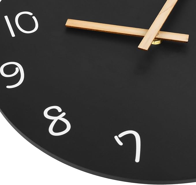 Plumeet 10'' Wooden Wall Clock Small Frameless Clocks with Silent Quartz Movement - Modern Style Village Wall Clocks Decorative Home Kitchen - Battery Operated (Black)
