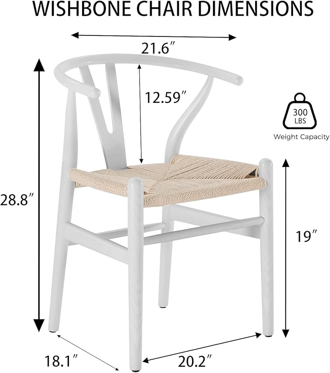Tomile Wishbone Chair Y Chair, Wooden Dining Chairs Set of 2, Mid Century Modern Chairs with Arms, Solid Wood Weave Seat Kitchen & Dining Room Chairs (Ash Wood - White)