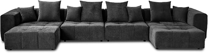JACH 183.5 Inch U-Shaped Modular Sectional Sofas, Modern 4-Seater Couch with Chaise Ottomans, Mid Century Modern Sectional Couches, Cozy Sleeper Sofa for Living Room (Linen Fabric, Black)
